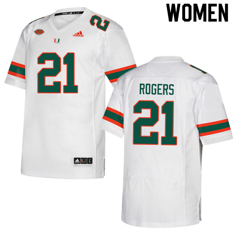 Women #21 Khamauri Rogers Miami Hurricanes College Football Jerseys Sale-White